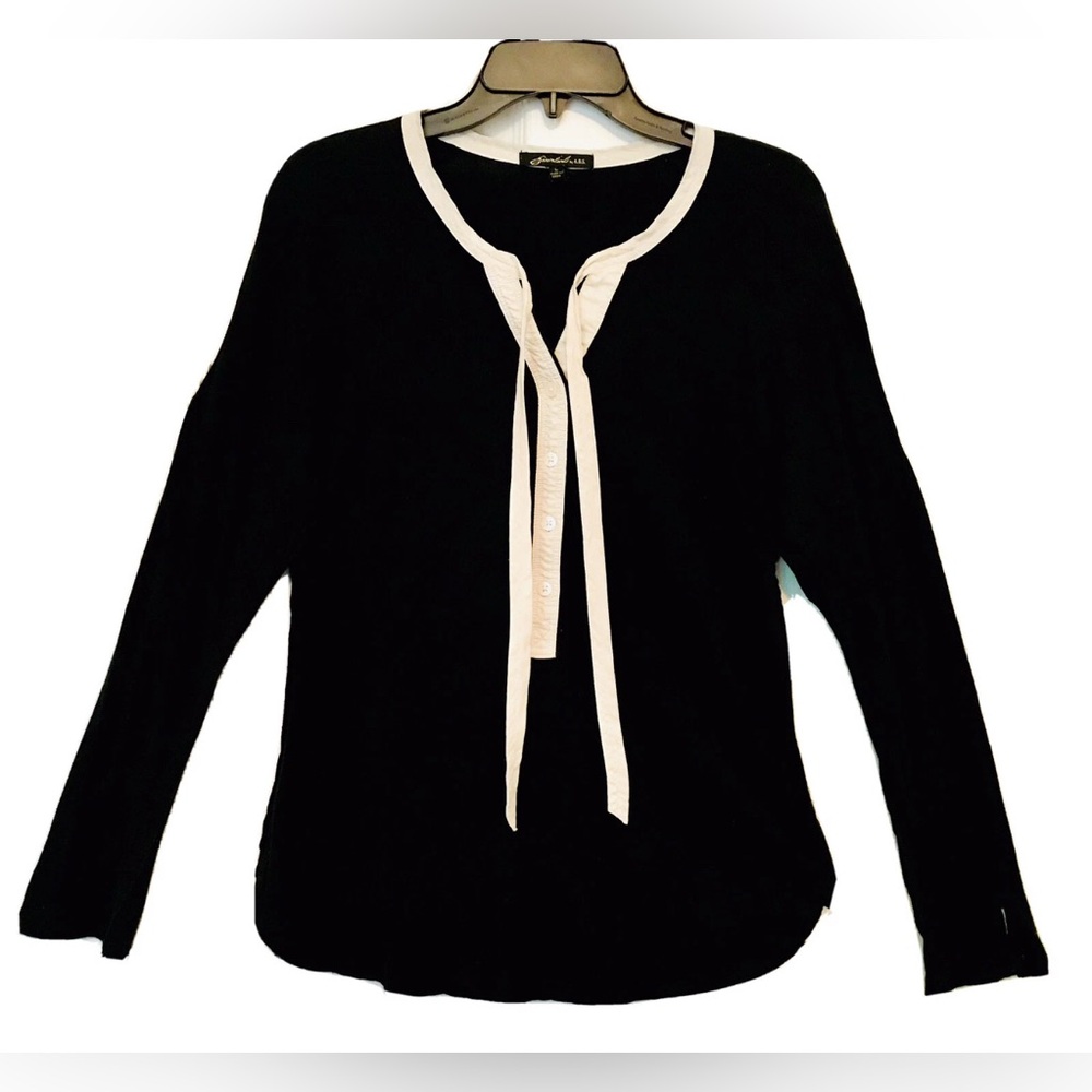 Essentials By A.B.S Womens Large Boho Artsy Black & Cream Long Split Sleeve Top
